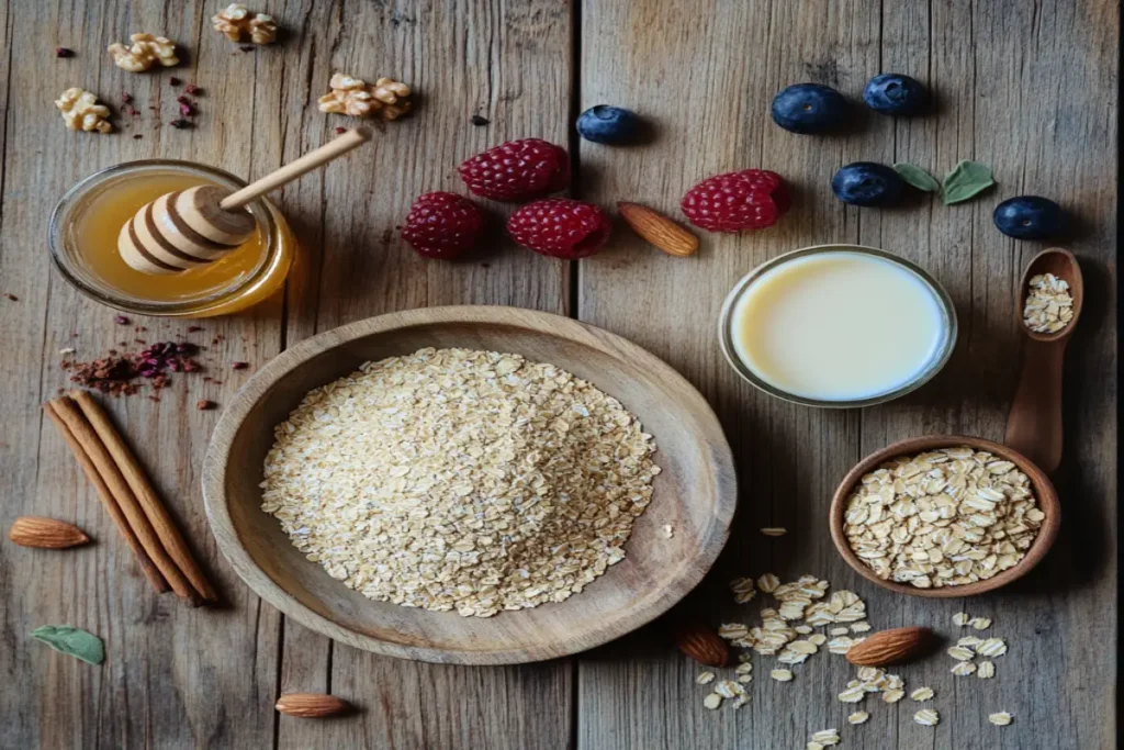 Ingredients for Cream of Wheat and oatmeal, including grains, milk, honey, and toppings, displayed on a wooden surface.