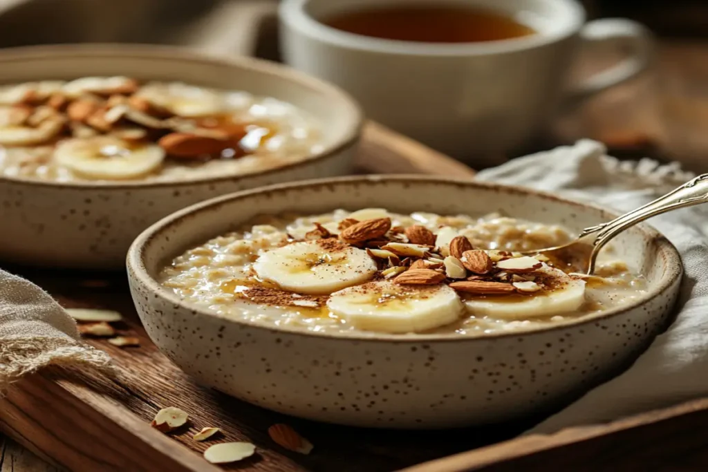 A beautifully styled bowl of Cream of Wheat and oatmeal with honey, cinnamon, and almonds on a rustic wooden tray.
