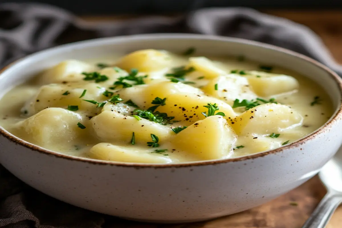 A bowl of creamy potato soup garnished with parsley, set in a cozy kitchen setting.