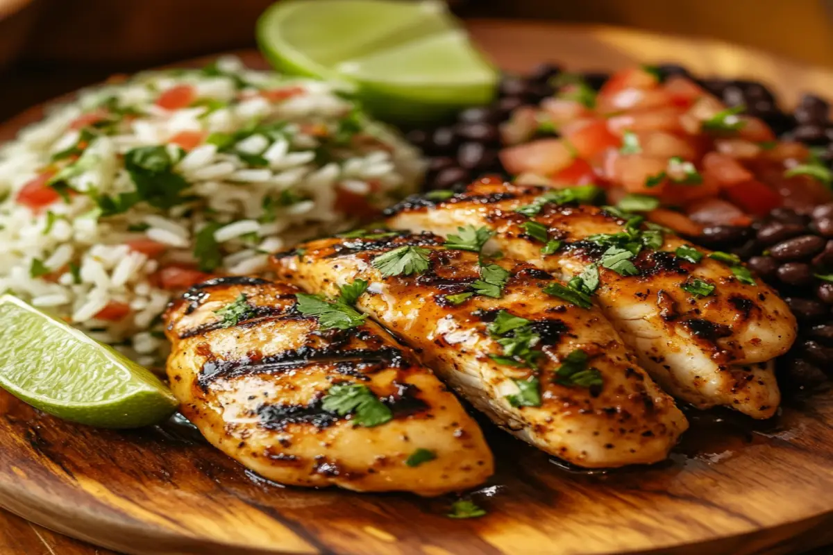 Juicy Chipotle Honey Chicken served with rice, beans, and salsa on a rustic plate.