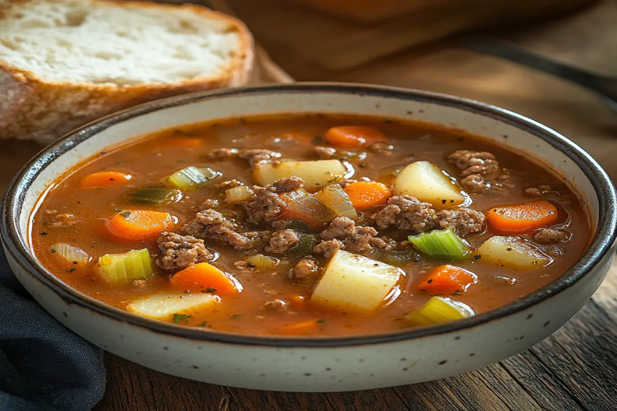 Hearty homemade hamburger soup with ground beef and vegetables