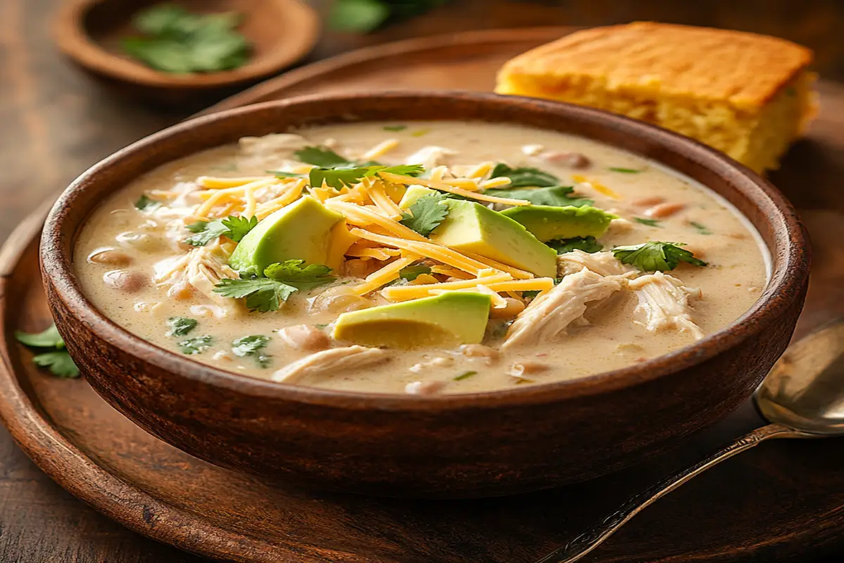 Creamy white chicken chili topped with cheese, avocado, and cilantro.